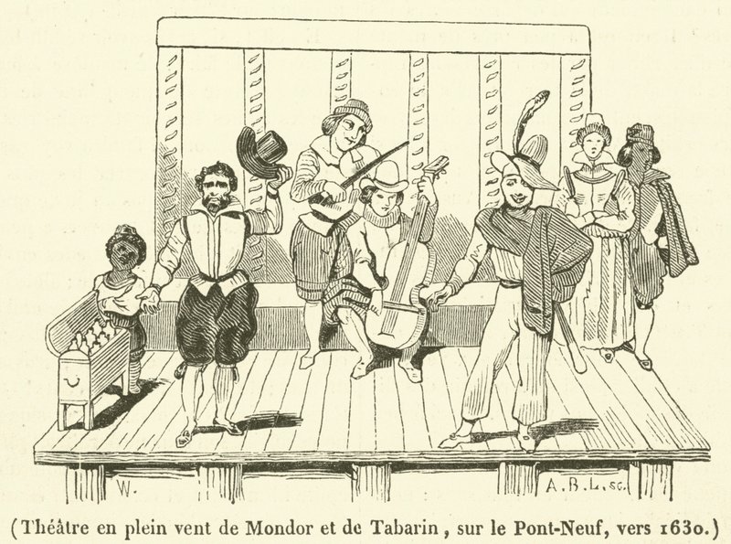Teatteri Mondorin ja Tabarinin ulkoilmassa, Pont-Neufilla, noin 1630 (kaiverrus) tekijältä French School