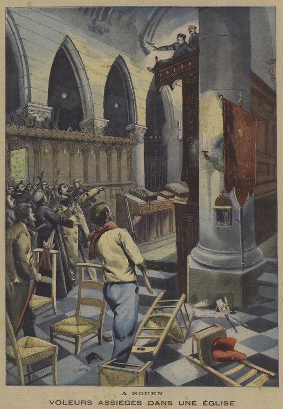 Varkaat piiritetty kirkossa Rouenissa (väri litho) tekijältä French School