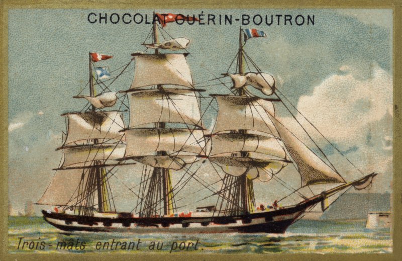 Kolmimastoinen purjelaiva saapumassa satamaan (chromolitho) tekijältä French School