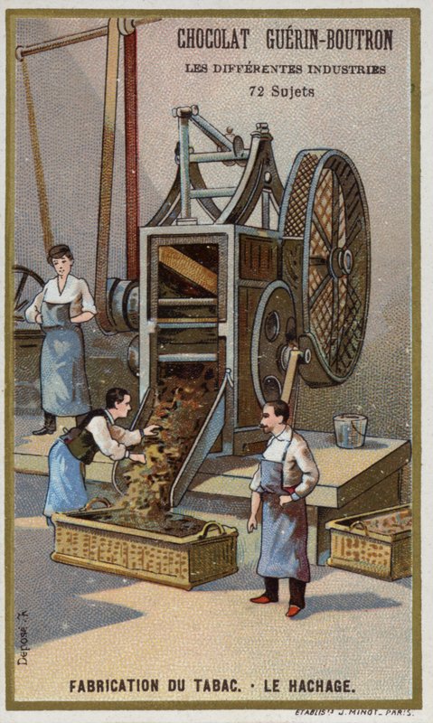 Tupakan valmistus. Lehtien silppuaminen (chromolitho) tekijältä French School