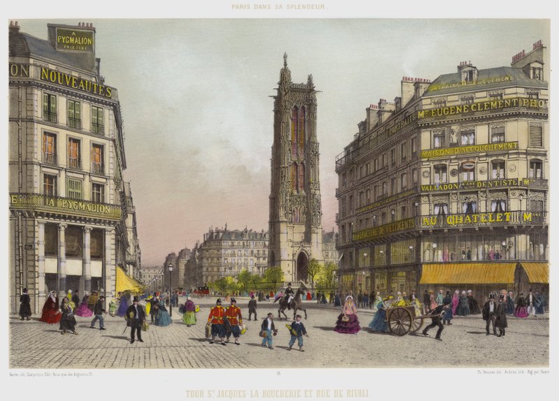 St Jacques-La-Boucherie Tower ja Rue De Rivoli (värilitho) tekijältä French School