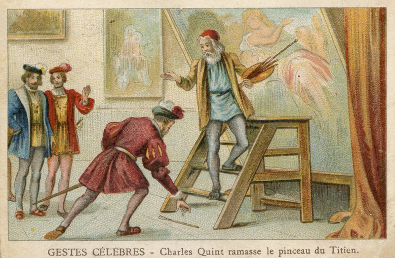 Kauppakortti, jossa Charles Quint ottaa Titianin siveltimen (chromolitho) tekijältä French School