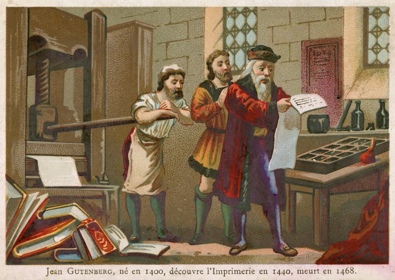 Johann Gutenbergiä kuvaava kauppakortti tekijältä French School