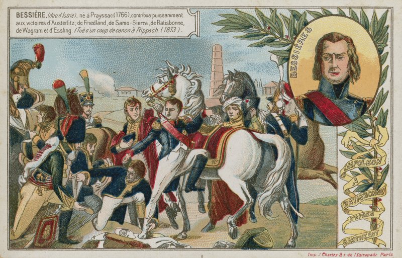 Kauppakortti, jossa on kuva Napoleon Bonapartesta Ratisbonnessa tekijältä French School