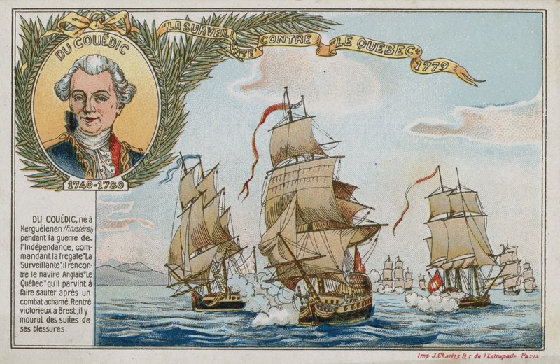 Kauppakortti, jossa on kuva, joka esittää Surveillantea HMS Quebecia vastaan tekijältä French School