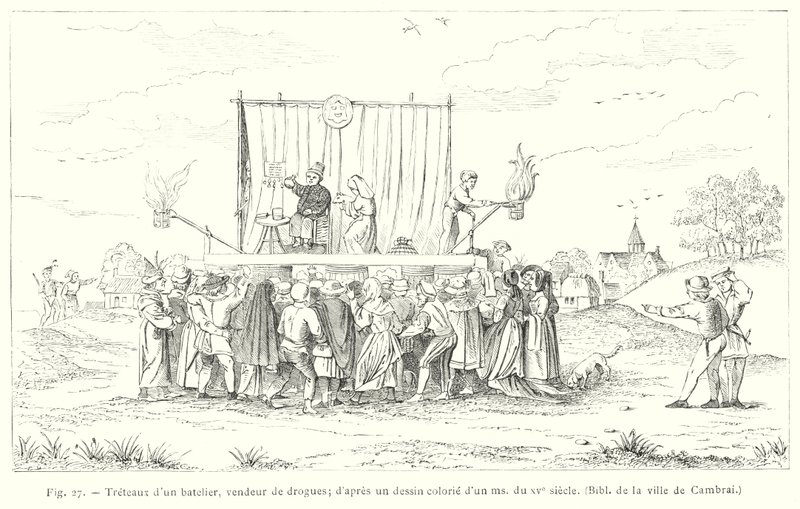 Venemiehen, huumemyyjän pukit, 1400-luvun ms:n värillisen piirustuksen jälkeen (kaiverrus) tekijältä French School