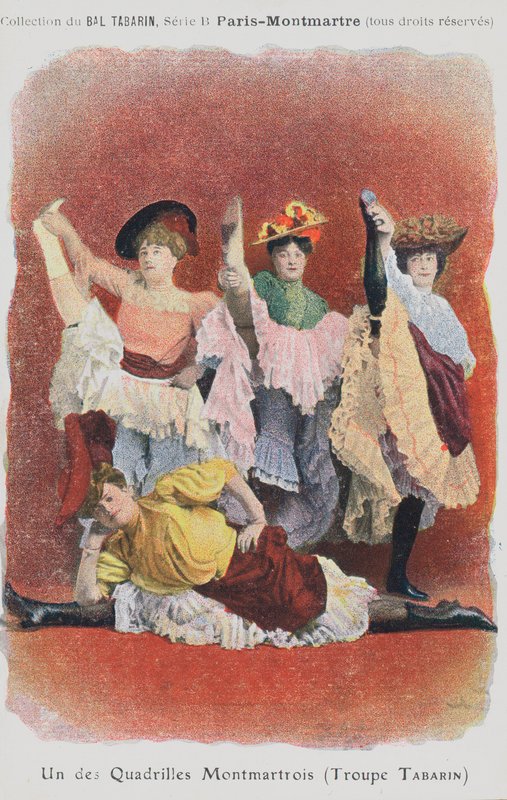 Troupe Tabarinin tanssijoita Bal Tabarinissa (värilitografia) tekijältä French School