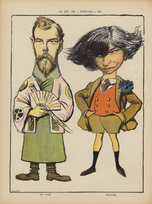 Venäjän tsaari Nikolai II ja ranskalainen näyttelijä Polaire. Kuvitus Le Rirelle (väri litho) tekijältä French School