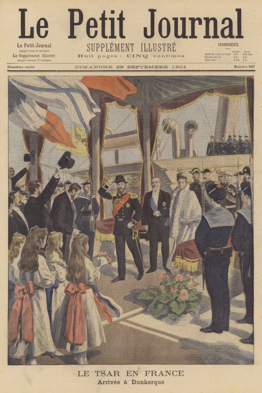 Venäjän tsaari Nikolai II saapumassa Dunkirkiin Ranskan-vierailullaan (värilitho) tekijältä French School