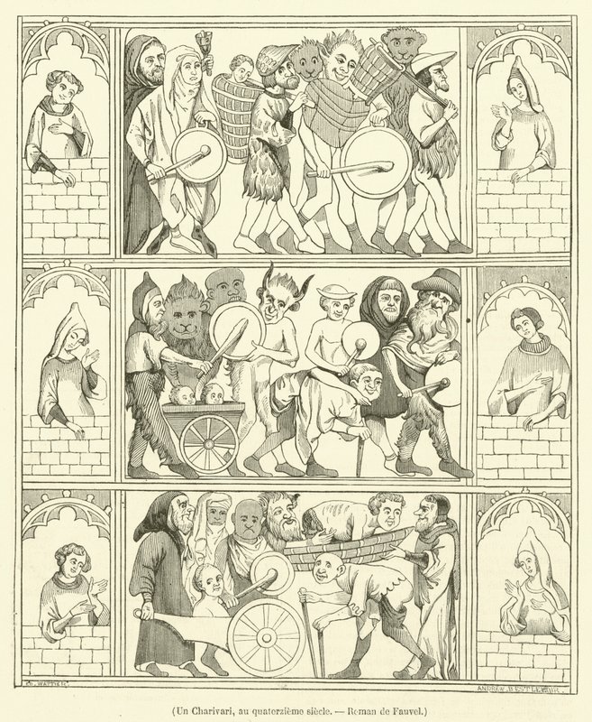 Un Charivari, au quatorzieme siecle, Roman de Fauvel (kaiverrus). tekijältä French School