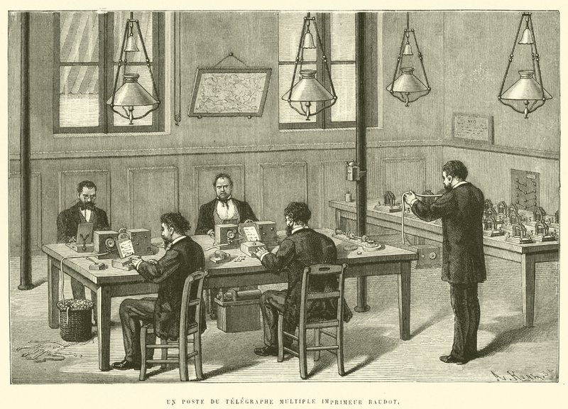 Usean lennätintulostimen viesti Baudot (kaiverrus) tekijältä French School