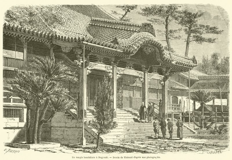 Buddhalainen temppeli Nagasakissa (kaiverrus) tekijältä French School