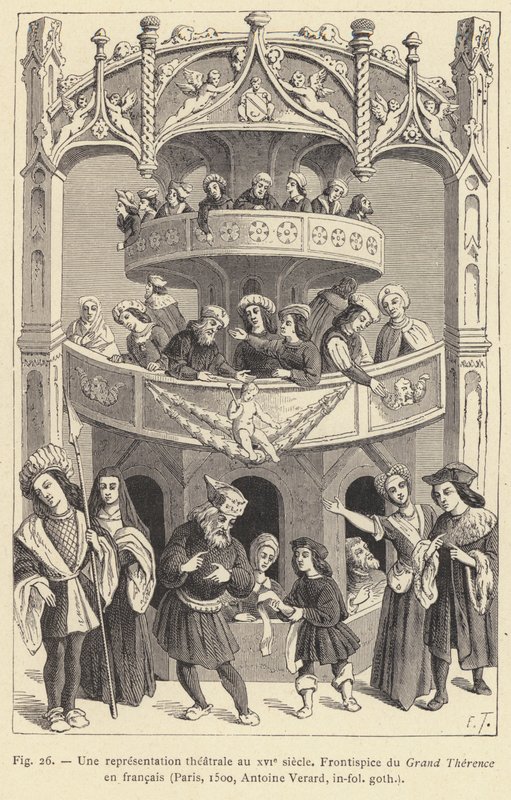Teatteriesitys 1500-luvulla (kaiverrus) tekijältä French School