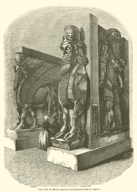 Huone äskettäin perustetussa Assyrian museossa Louvressa (kaiverrus) tekijältä French School