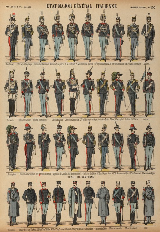 Italian armeijan univormut (värillinen kaiverrus) tekijältä French School