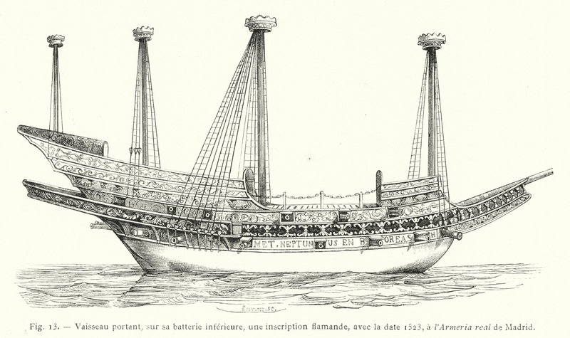 Alus, jonka alemmassa akussa on flaaminkielinen kirjoitus, jossa on päivämäärä 1523, Armeria real de Madridissa (kaiverrus) tekijältä French School