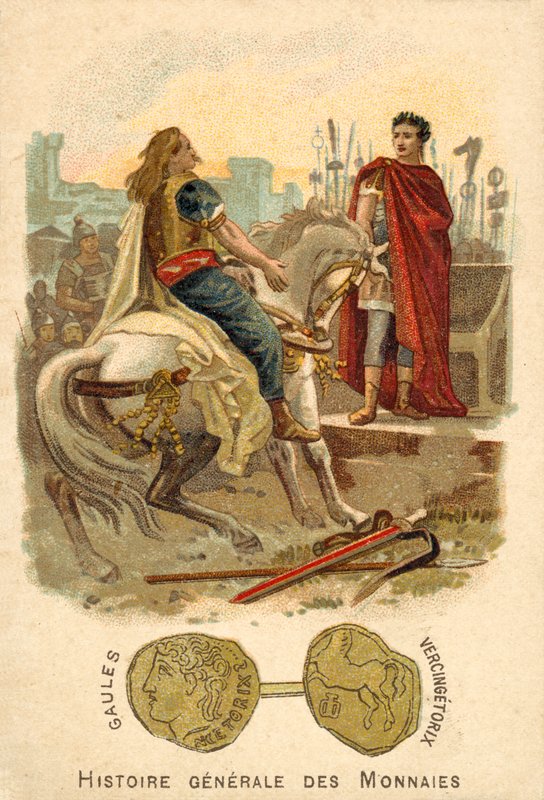 Vercingetorix alistumassa Julius Caesarille, 52 eKr. (kromoliitti) tekijältä French School