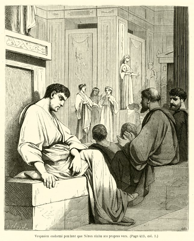 Vespasianus unessa, kun Nero lausuu omia säkeitään (kaiverrus) tekijältä French School