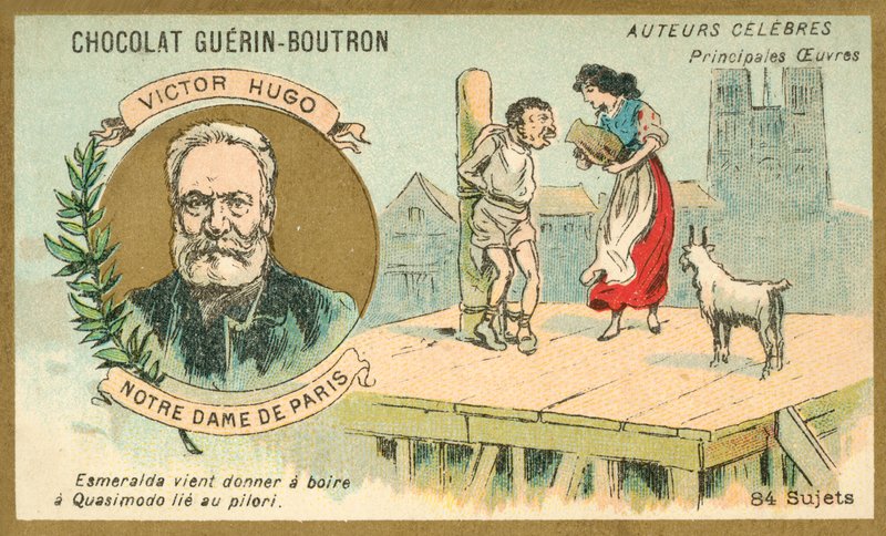 Victor Hugo, ranskalainen kirjailija ja kohtaus hänen romaanistaan Notre Dame de Paris (chromolitho) tekijältä French School