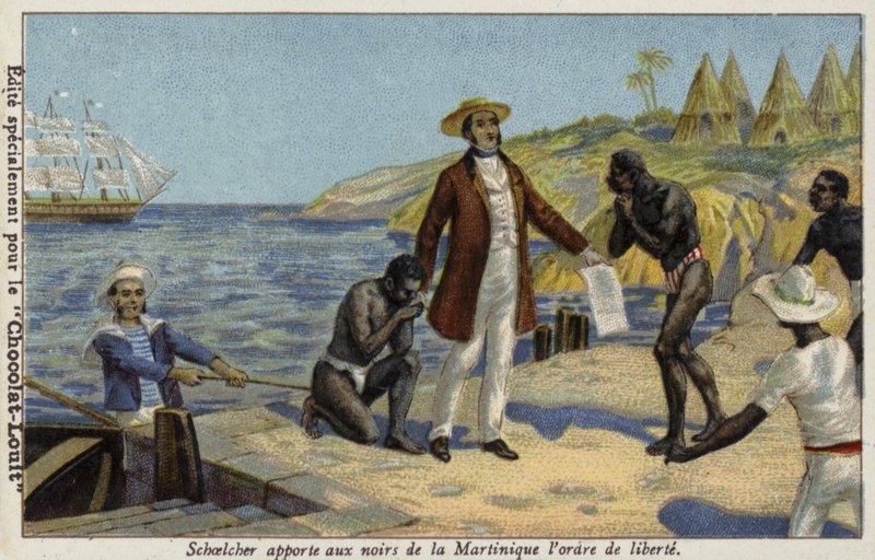 Victor Schoelcher tuomassa uutisia heidän vapaudestaan Martiniquen orjille, vuodelta 1848 tekijältä French School