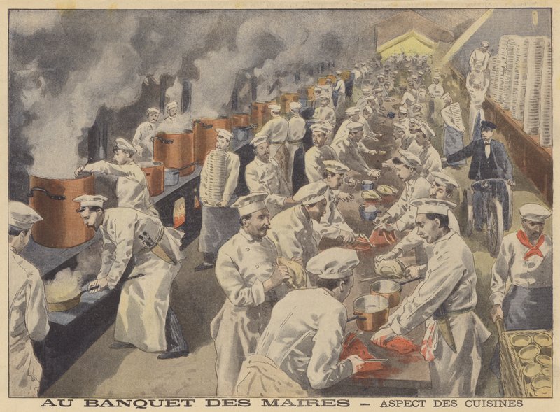 Näkymä keittiöistä Ranskan pormestarien juhlaa varten (väri litho) tekijältä French School