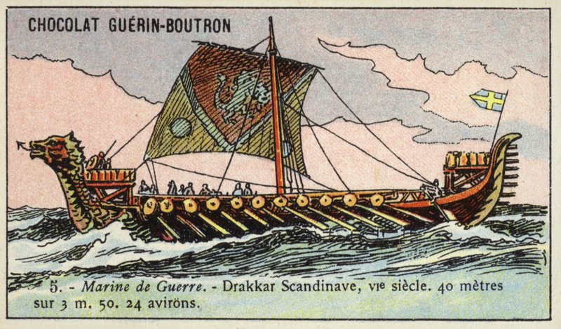 Viikinkilaiva, 6. vuosisata (chromolitho) tekijältä French School