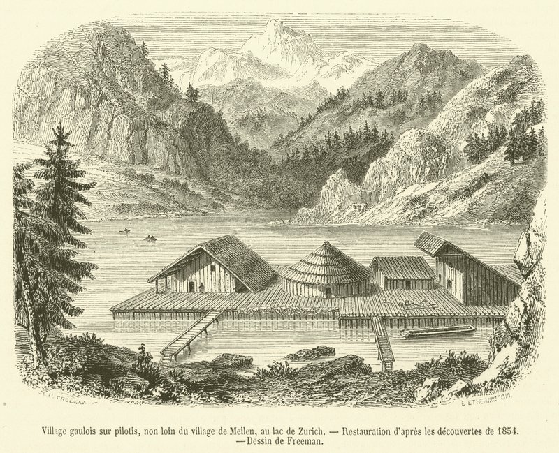 Gallialainen kylä paalujen päällä, lähellä Meilenin kylää, Zürich-järven rannalla (kaiverrus) tekijältä French School