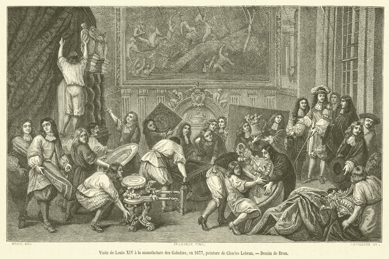Ludvig XIV:n vierailu Manufacture des Gobelinsissa vuonna 1677 (kaiverrus) tekijältä French School