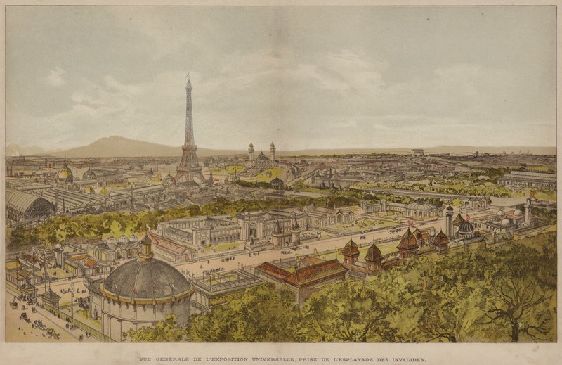 Yleisnäkymä yleisnäyttelystä, otettu Esplanade des Invalidesista (värillinen kaiverrus) tekijältä French School
