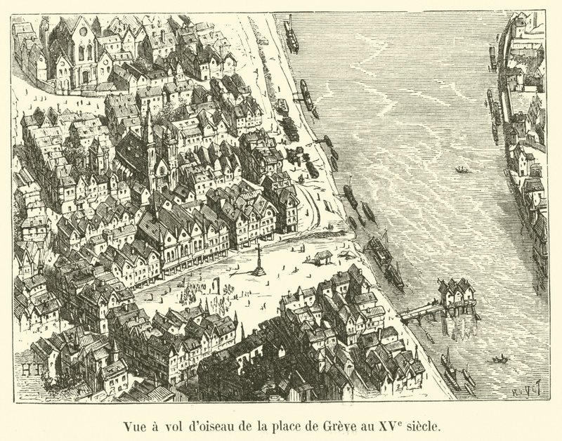 Lintuperspektiivistä Place de Greve 1400-luvulla tekijältä French School