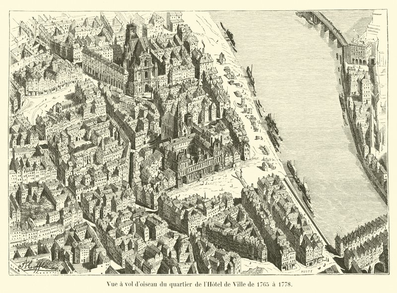 Lintuperspektiivistä Hotel de Villen kaupunginosa vuosina 1765–1778 tekijältä French School