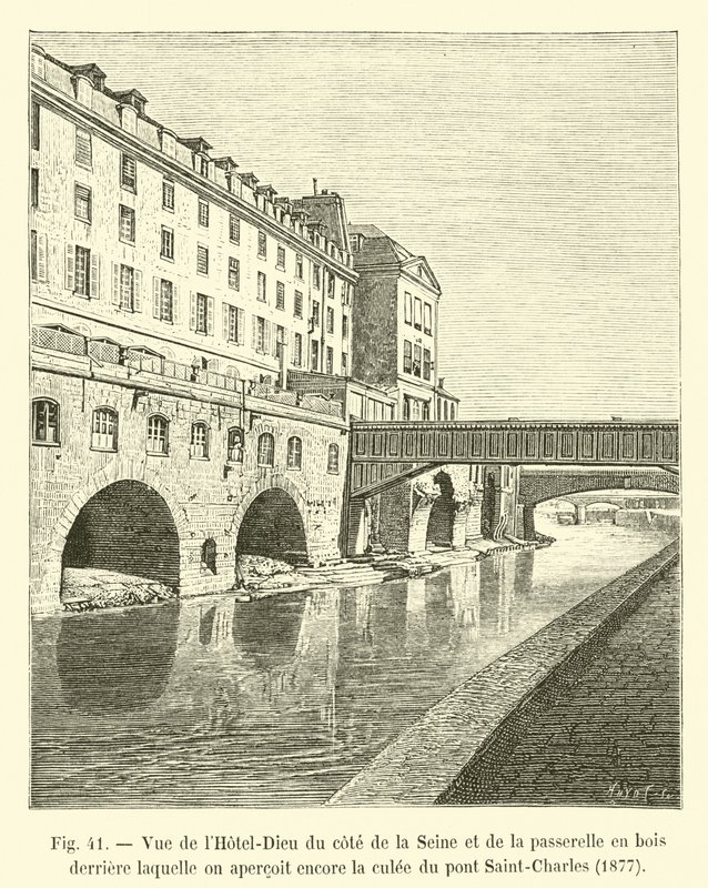 Näkymä Hôtel-Dieulle Seinen puolelta ja puiselle kävelysillalle, jonka takana voimme edelleen nähdä Saint-Charles-sillan tukipisteen, 1877 tekijältä French School