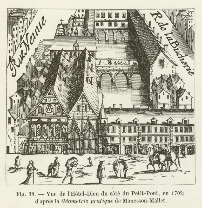 Näkymä Hôtel-Dieulle Petit-Pontin puolelta, vuonna 1702; Manesson-Malletin käytännön geometrian mukaan tekijältä French School