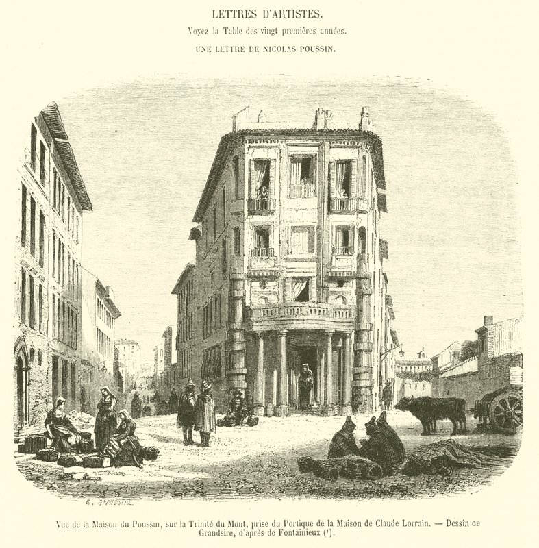 Näkymä Maison du Poussinista, Trinite du Montilla, otettu Claude Lorrainin talon porticosta (kaiverrus) tekijältä French School