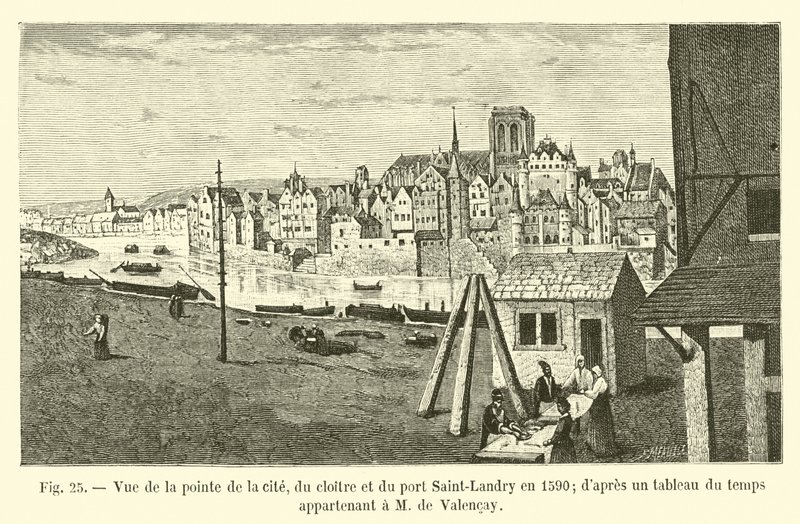 Näkymä kaupungin kärjestä, luostarista ja Saint-Landryn satamasta vuonna 1590; M de Valencaylle kuuluvasta aikataulusta tekijältä French School