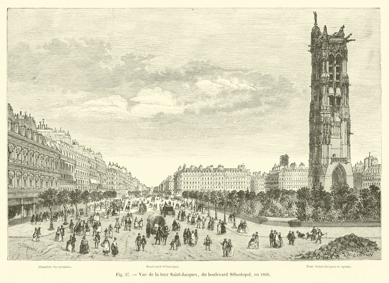 Näkymä Tour Saint-Jacquesille Boulevard Sebastopol -kadulta vuonna 1866 tekijältä French School