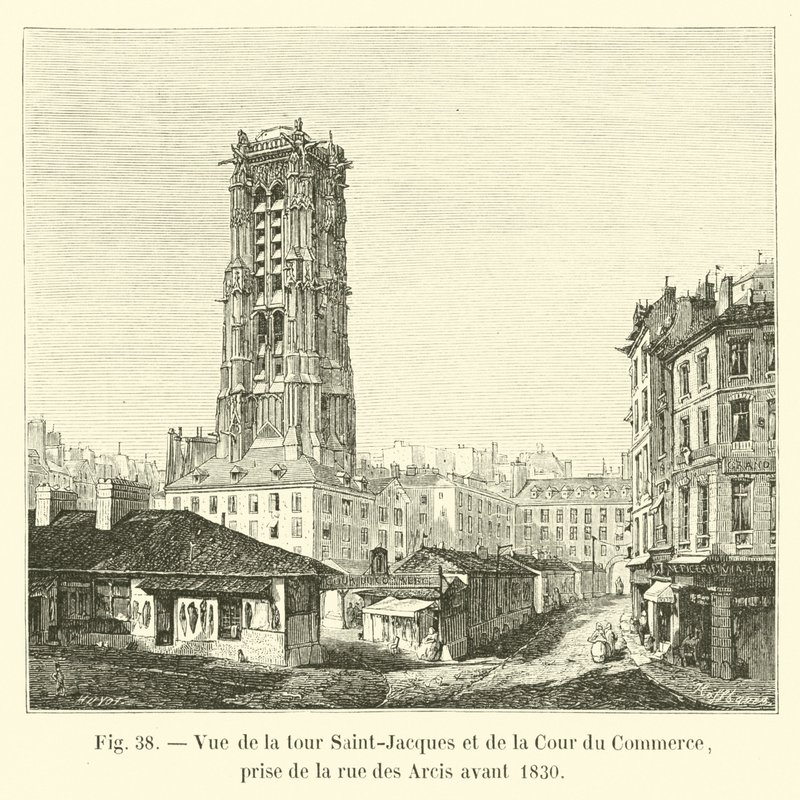 Näkymä Saint-Jacques-tornille ja Cour du Commerce -kadulle, otettu rue des Arcisilta ennen vuotta 1830 tekijältä French School