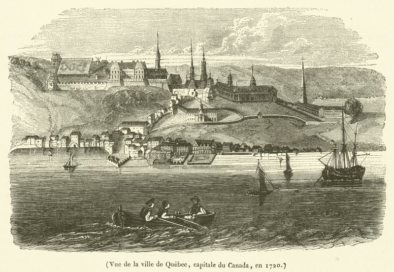 Näkymä Kanadan pääkaupungin Quebecin kaupungista vuonna 1720 (kaiverrus) tekijältä French School