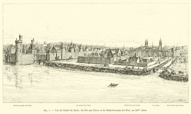 Näkymä Hôtel de Nesleen, Pre aux Clercsiin ja Saint-Germain des Presiin 1300-luvulla tekijältä French School
