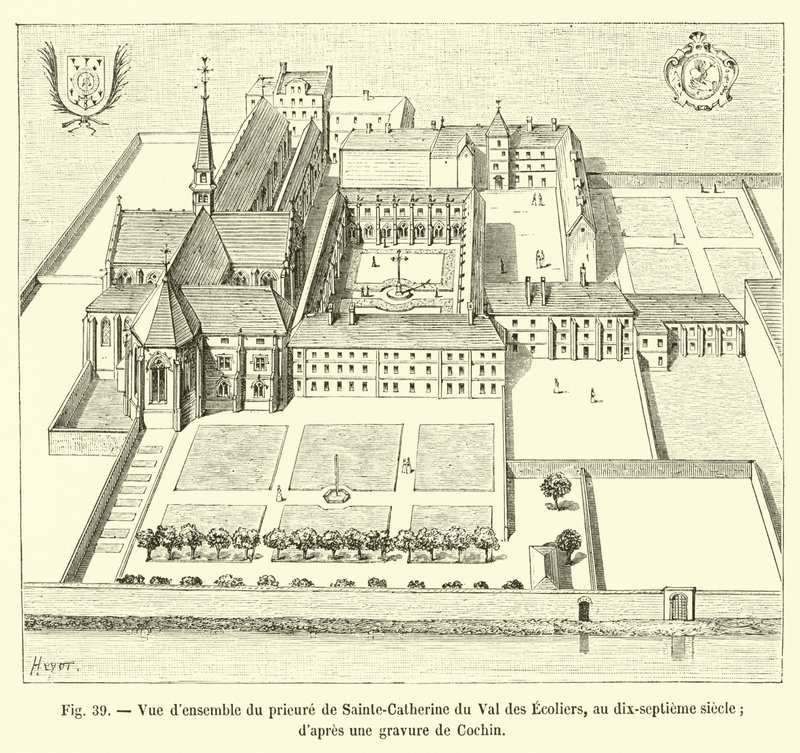 Yleisnäkymä Sainte-Catherine du Val des Ecoliersin luostarista 1700-luvulla; Cochinin kaiverruksesta tekijältä French School