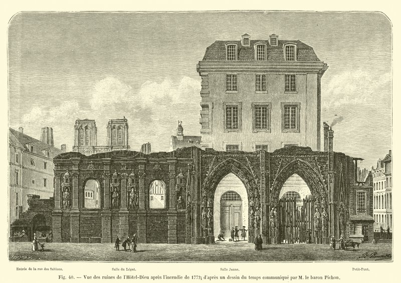 Näkymä Hôtel-Dieun raunioista vuoden 1772 palon jälkeen; M le Baron Pichonin toimittamasta piirroksesta ajasta tekijältä French School