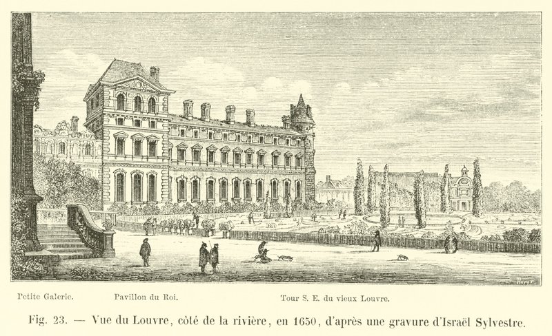 Näkymä Louvresta, Cote de la Rivierestä, vuonna 1650 Israel Sylvestren kaiverruksen jälkeen tekijältä French School