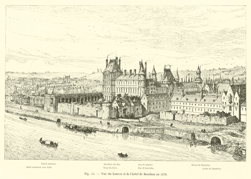 Näkymä Louvrelle ja Hotel de Bourbonille vuonna 1576 tekijältä French School