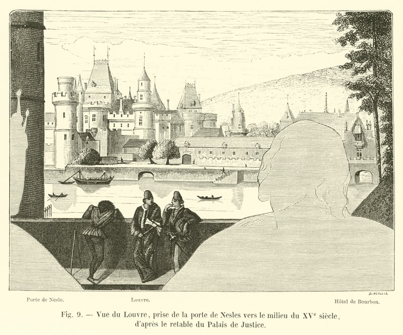 Näkymä Louvrelle, Porte de Neslesistä 1400-luvun puolivälissä, Palais de Justice -alttaritaulun jälkeen tekijältä French School