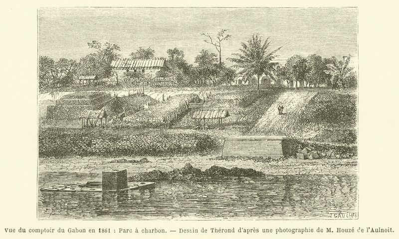 Näkymä Comptoir du Gabonille vuonna 1861, Parc a Charcoal (kaiverrus) tekijältä French School