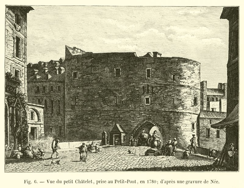 Näkymä Petit Chateletistä, otettu Petit-Pontissa vuonna 1780; Neen kaiverruksesta tekijältä French School