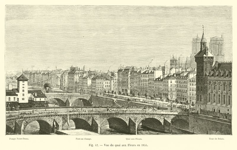 Näkymä Quai aux Fleursista vuonna 1855 tekijältä French School