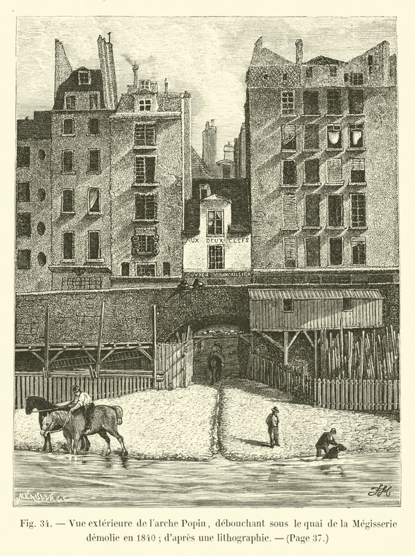 Ulkokuva Popin-kaaresta, joka nousee Quai de la Megisserien alle, joka purettiin vuonna 1840; litografiasta tekijältä French School