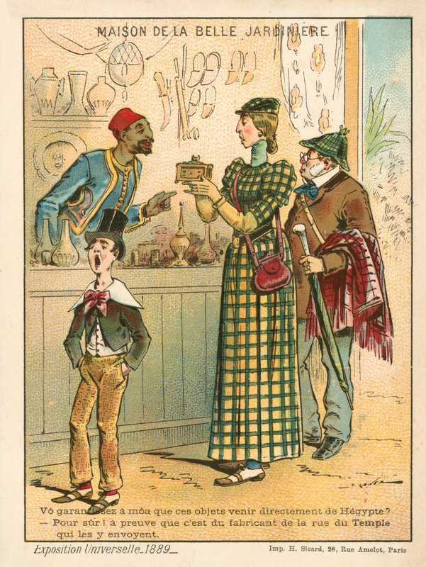 Nainen tutkimassa egyptiläisiä esineitä, Exposition Universelle 1889, Pariisi (chromolitho) tekijältä French School