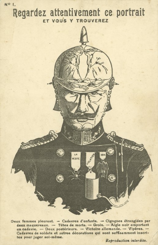 Ensimmäisen maailmansodan Saksan vastainen propagandapostikortti (litho) tekijältä French School